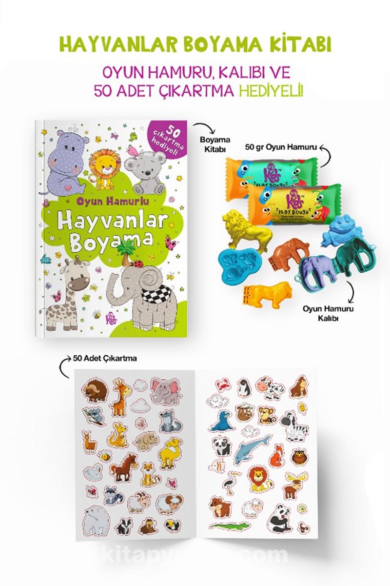 Hayvanlar Boyama Kitabı - Oyun Hamuru, Oyuncak ve Çıkartma Hediyeli / 3 Yaş+